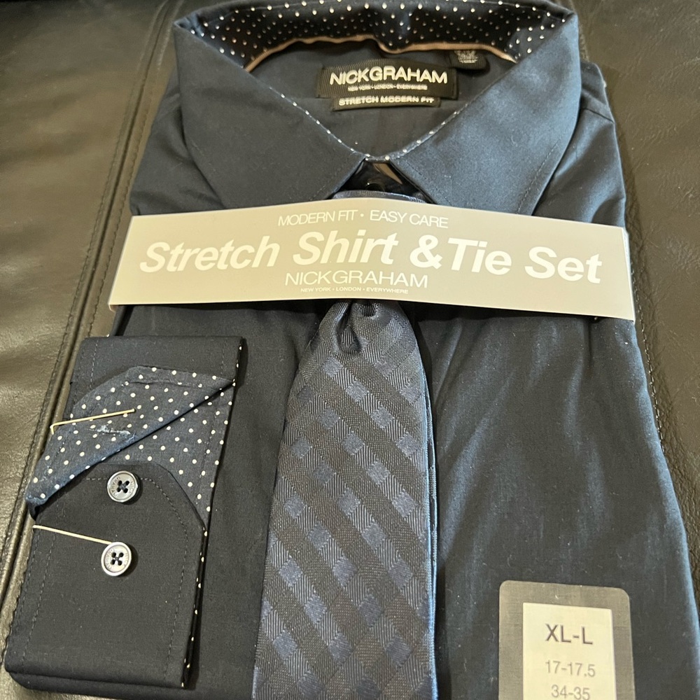 NickGraham Men’s Stretch Shirt & Tie Set/XL/17-17.5/36/37/nwt